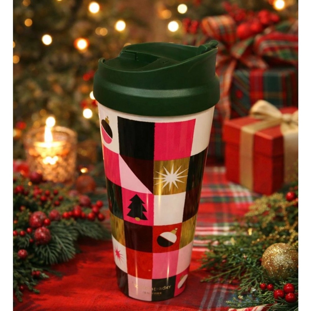 * Kate Spade Holiday Joy Christmas Coffee Tumbler Travel Mug Festive Plaid
